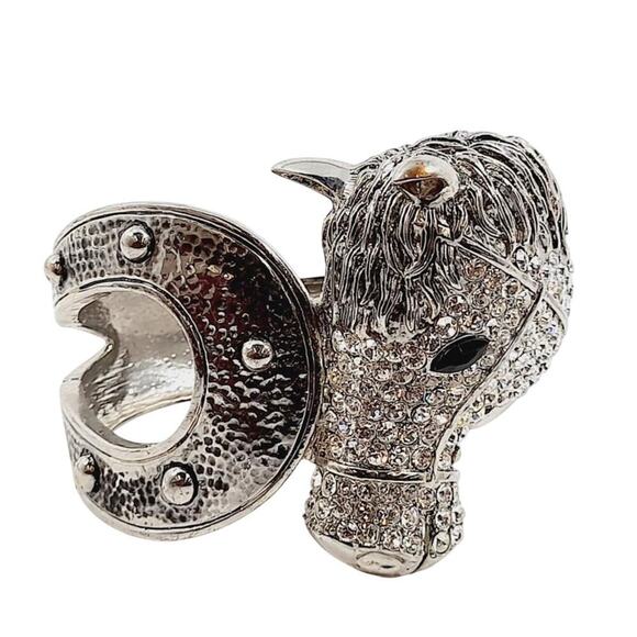 Western Rhinestone Horse & Horseshoe Cuff Bracelet Silvertone 7” - Picture 1 of 6